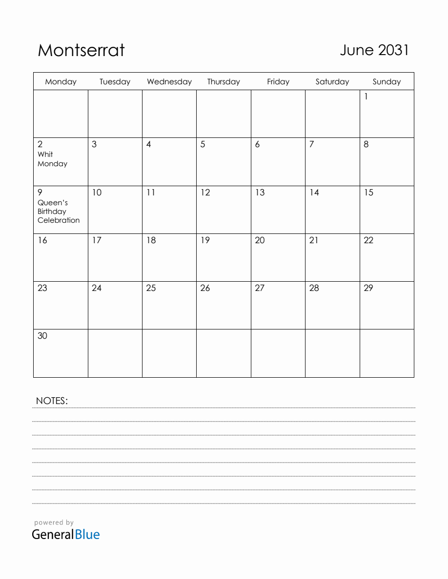 Monday In June June 2031 Montserrat Calendar with Holidays (Monday Start)