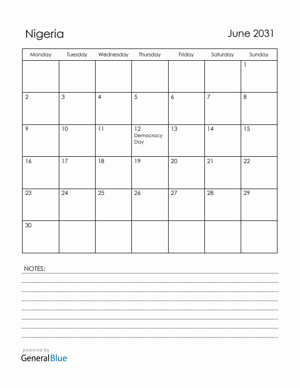 June 2031 Nigeria Calendar with Holidays (Monday Start)
