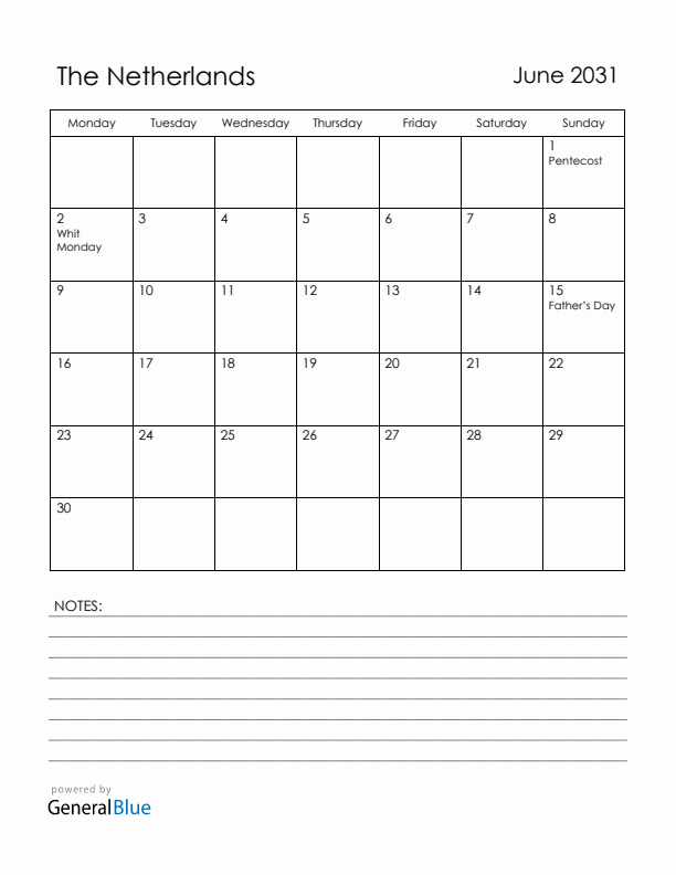 June 2031 The Netherlands Calendar with Holidays (Monday Start)