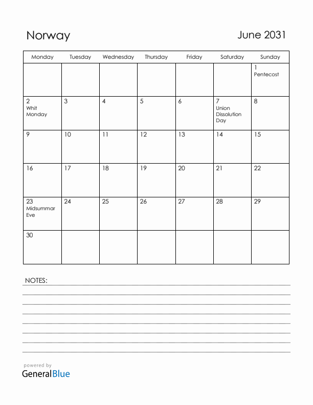 June 2031 Norway Calendar with Holidays (Monday Start)