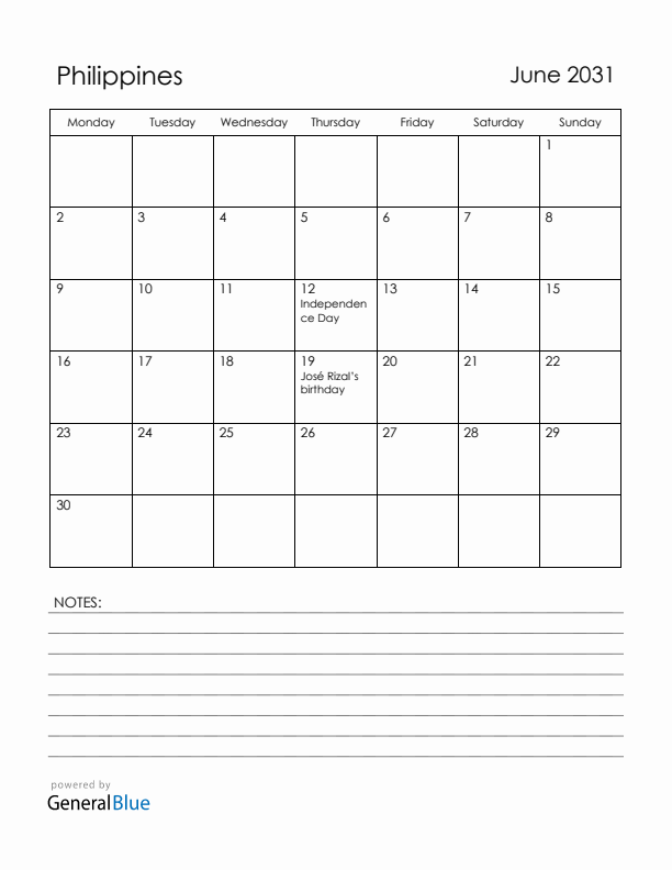 June 2031 Philippines Calendar with Holidays (Monday Start)