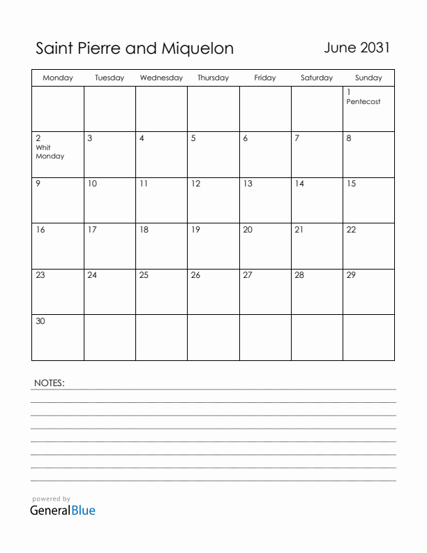 June 2031 Saint Pierre and Miquelon Calendar with Holidays (Monday Start)