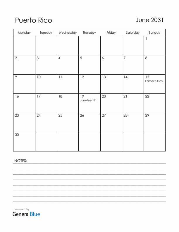 June 2031 Puerto Rico Calendar with Holidays (Monday Start)
