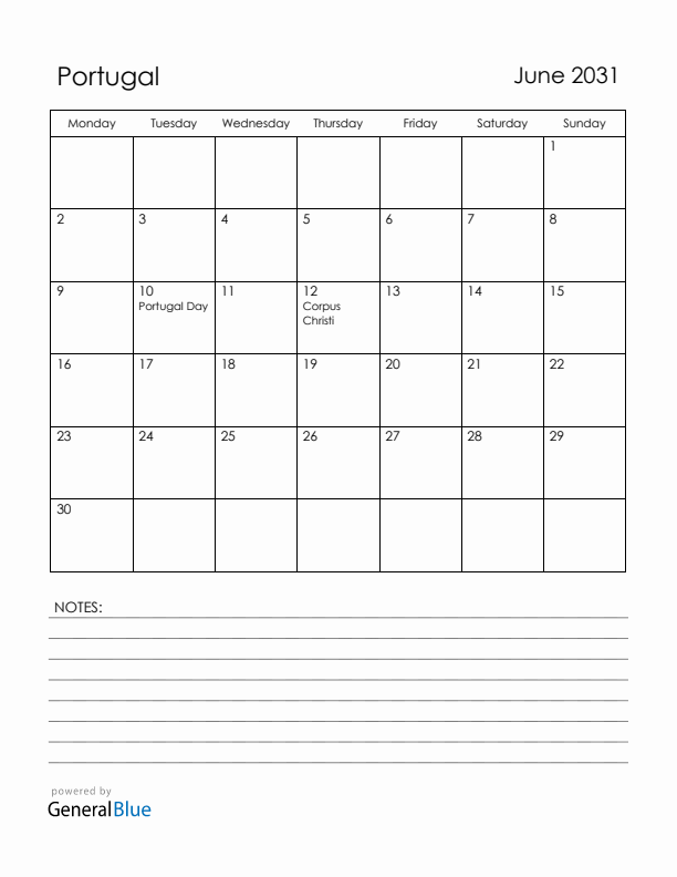 June 2031 Portugal Calendar with Holidays (Monday Start)