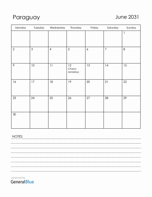 June 2031 Paraguay Calendar with Holidays (Monday Start)