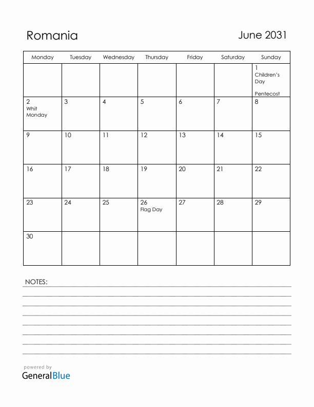 June 2031 Romania Calendar with Holidays (Monday Start)