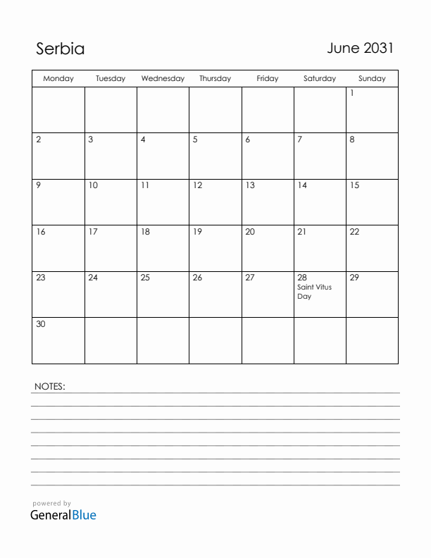 June 2031 Serbia Calendar with Holidays (Monday Start)