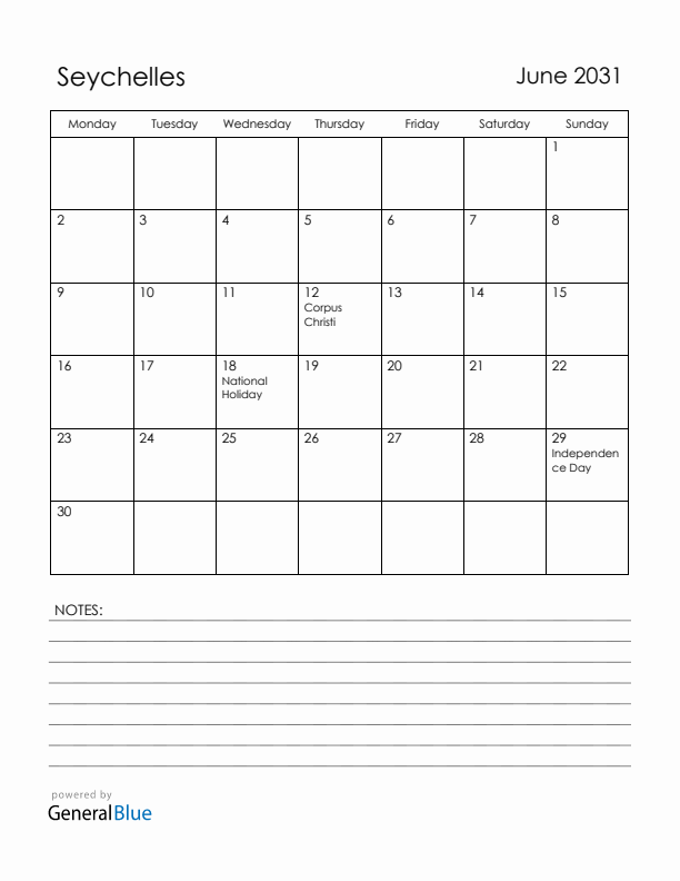 June 2031 Seychelles Calendar with Holidays (Monday Start)