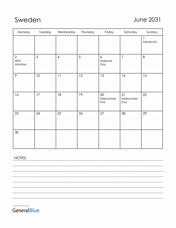 June 2031 Sweden Calendar with Holidays (Monday Start)