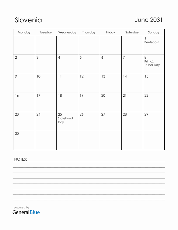 June 2031 Slovenia Calendar with Holidays (Monday Start)