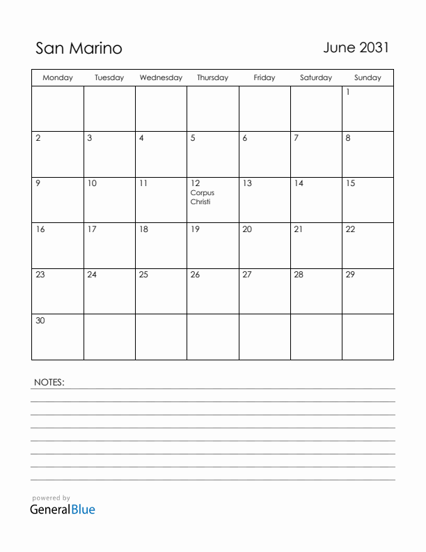 June 2031 San Marino Calendar with Holidays (Monday Start)