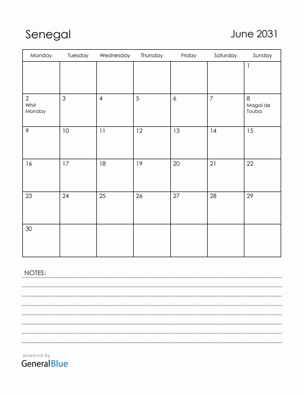 June 2031 Senegal Calendar with Holidays (Monday Start)