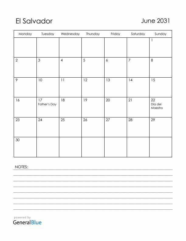 June 2031 El Salvador Calendar with Holidays (Monday Start)