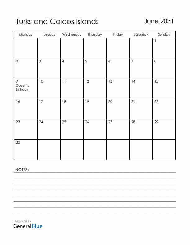 June 2031 Turks and Caicos Islands Calendar with Holidays (Monday Start)