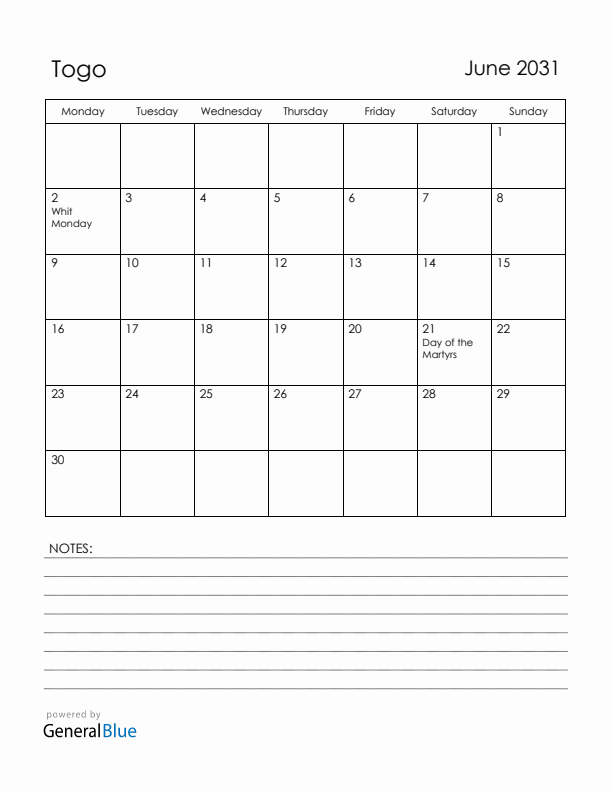 June 2031 Togo Calendar with Holidays (Monday Start)