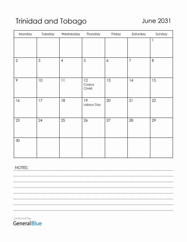 June 2031 Trinidad and Tobago Calendar with Holidays (Monday Start)