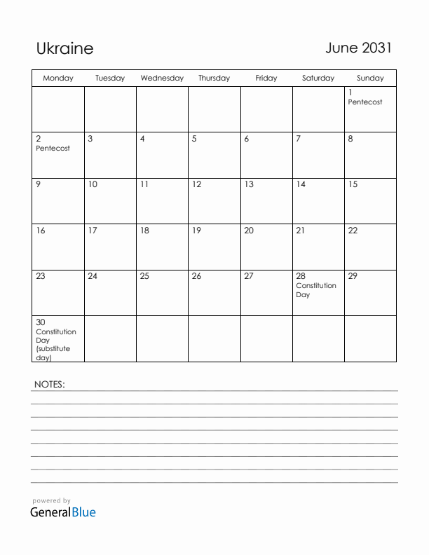 June 2031 Ukraine Calendar with Holidays (Monday Start)