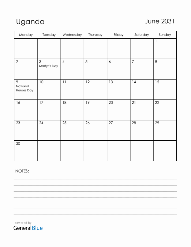 June 2031 Uganda Calendar with Holidays (Monday Start)