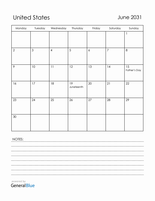 June 2031 United States Calendar with Holidays (Monday Start)