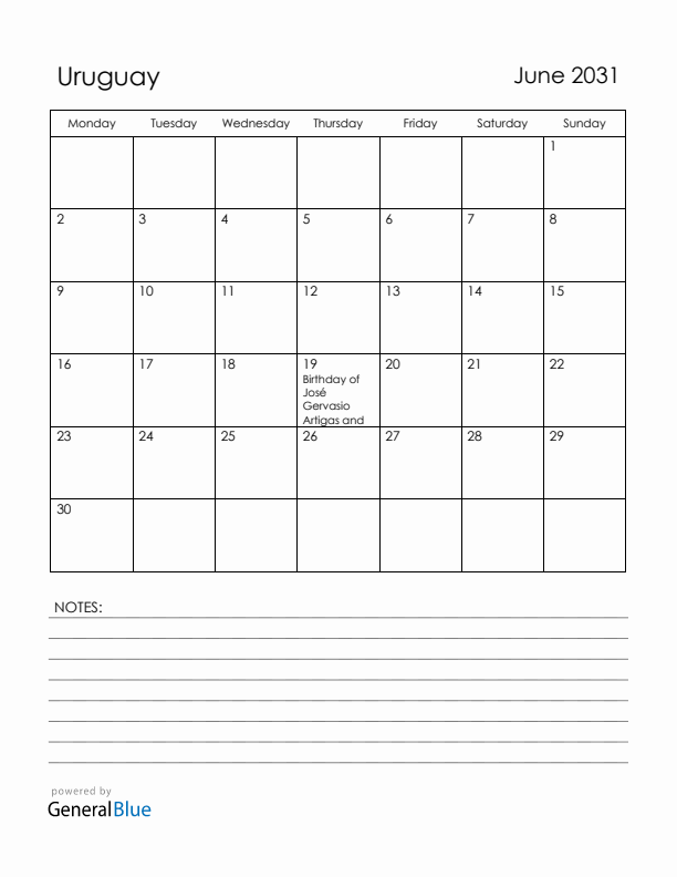 June 2031 Uruguay Calendar with Holidays (Monday Start)