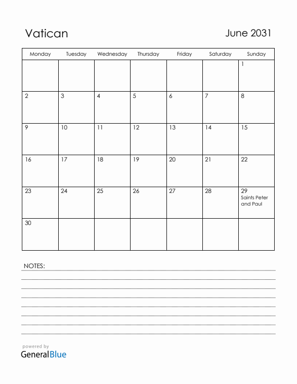 June 2031 Vatican Calendar with Holidays (Monday Start)