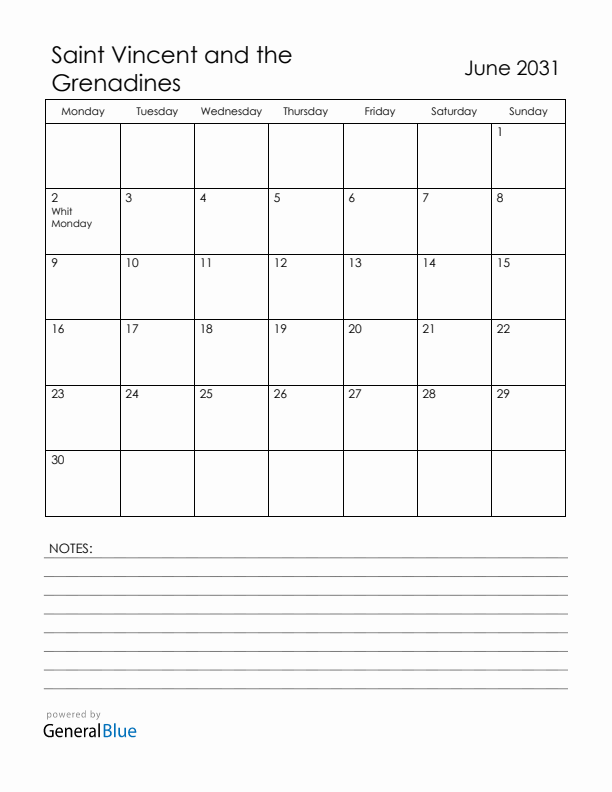 June 2031 Saint Vincent and the Grenadines Calendar with Holidays (Monday Start)