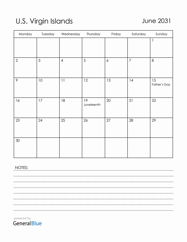June 2031 U.S. Virgin Islands Calendar with Holidays (Monday Start)