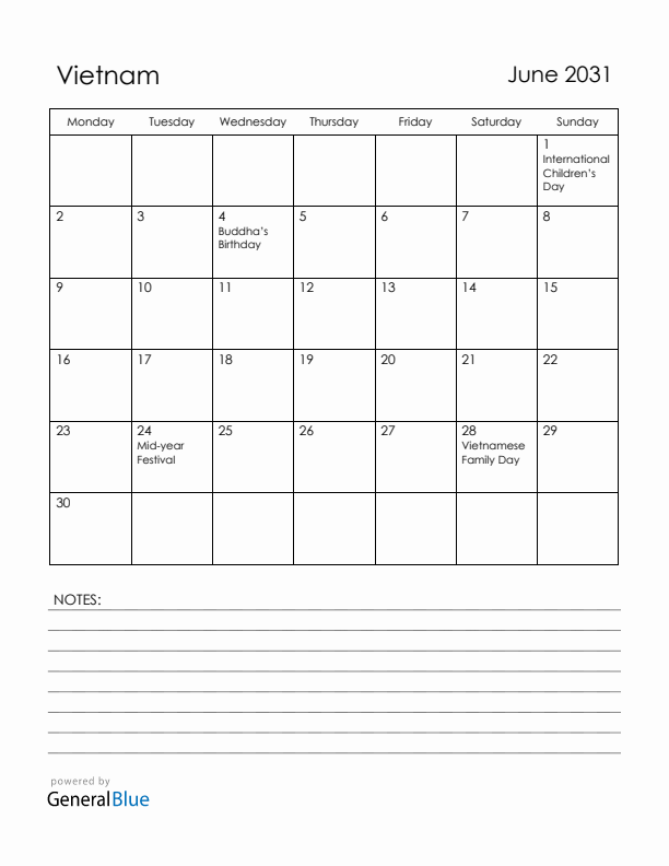 June 2031 Vietnam Calendar with Holidays (Monday Start)