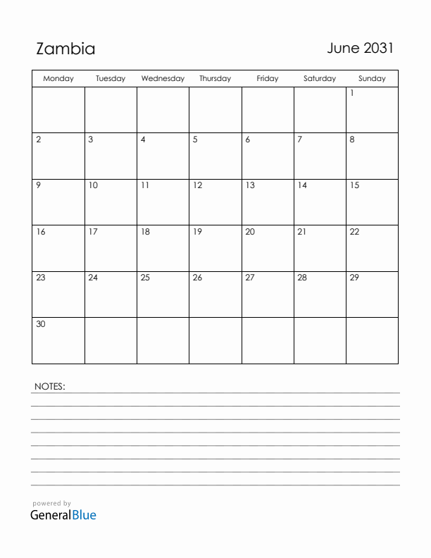 June 2031 Zambia Calendar with Holidays (Monday Start)