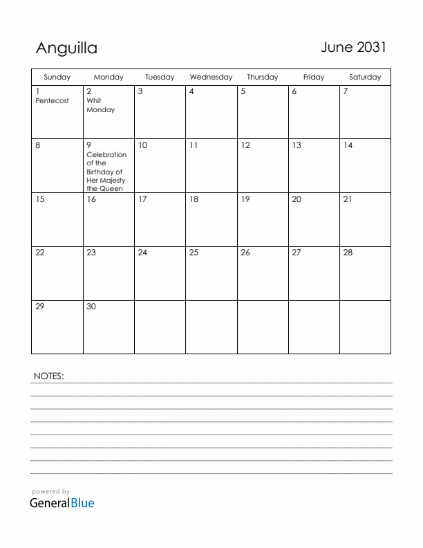 June 2031 Anguilla Calendar with Holidays (Sunday Start)