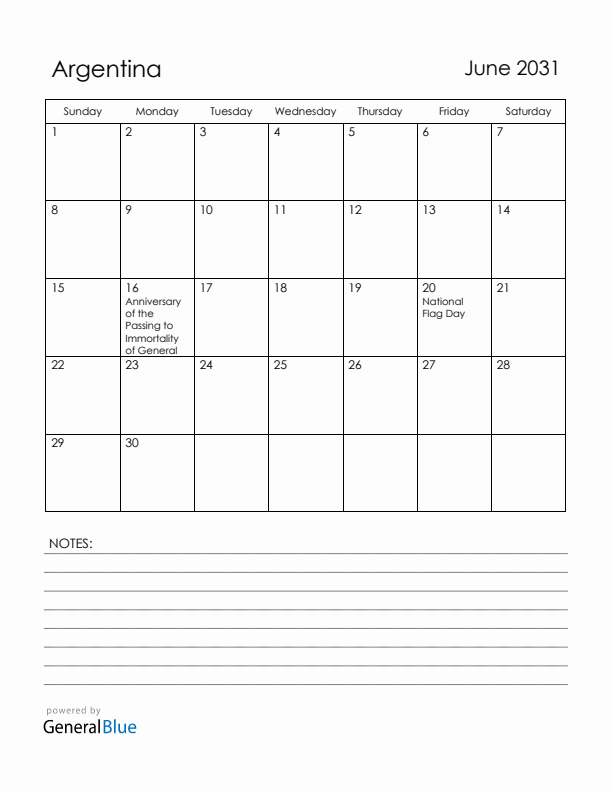 June 2031 Argentina Calendar with Holidays (Sunday Start)