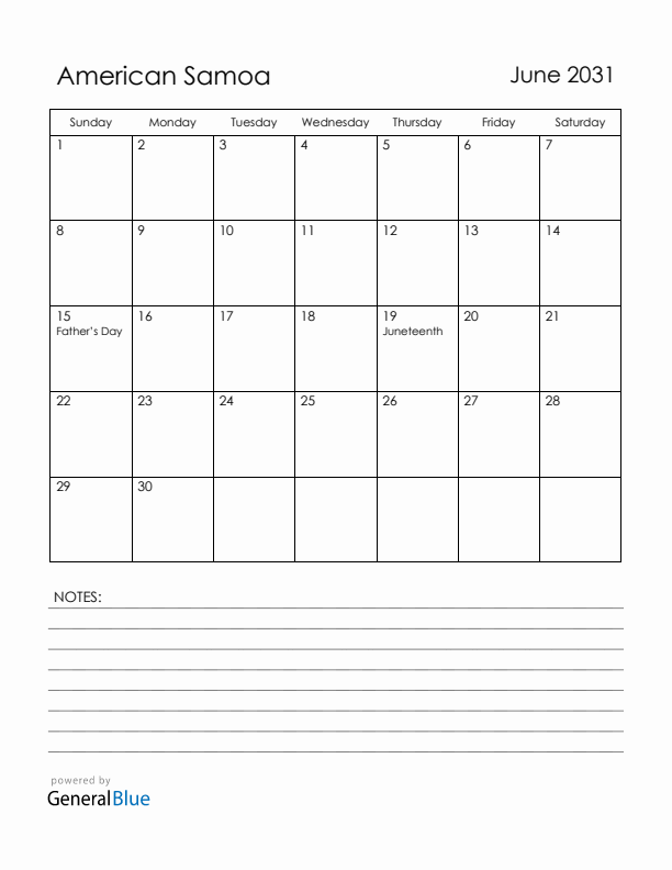 June 2031 American Samoa Calendar with Holidays (Sunday Start)