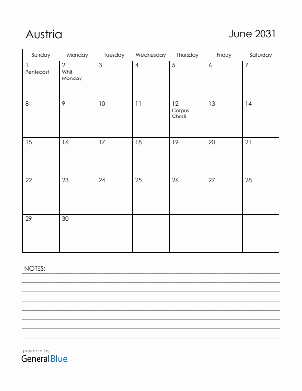 June 2031 Austria Calendar with Holidays (Sunday Start)
