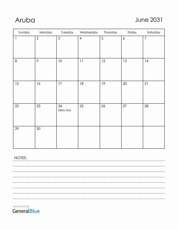 June 2031 Aruba Calendar with Holidays (Sunday Start)