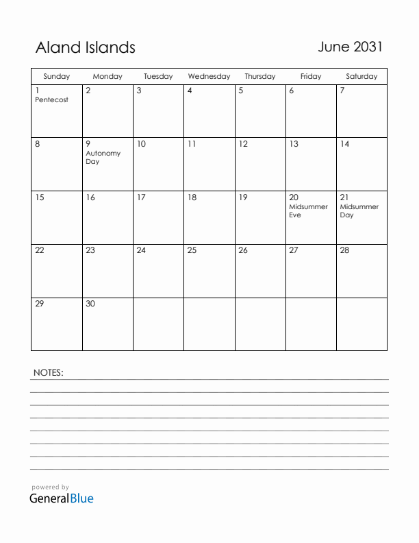 June 2031 Aland Islands Calendar with Holidays (Sunday Start)