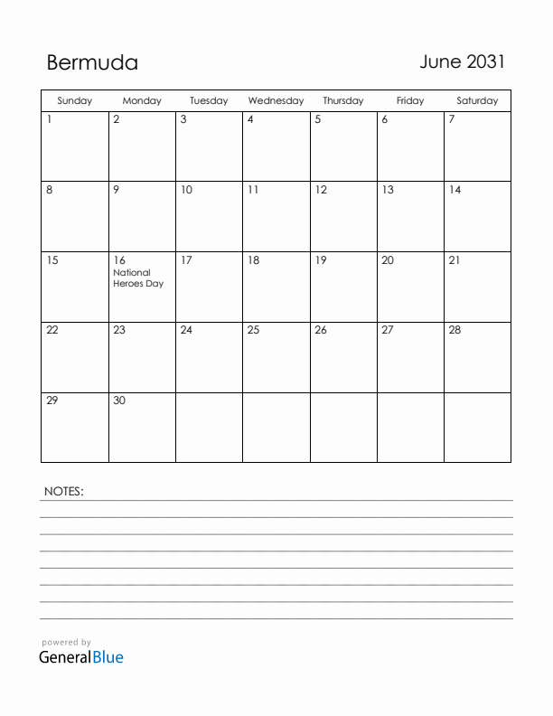 June 2031 Bermuda Calendar with Holidays (Sunday Start)