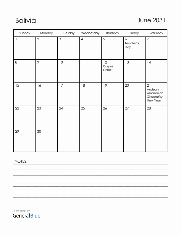 June 2031 Bolivia Calendar with Holidays (Sunday Start)
