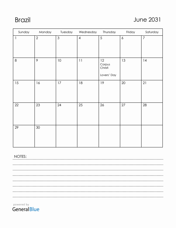 June 2031 Brazil Calendar with Holidays (Sunday Start)