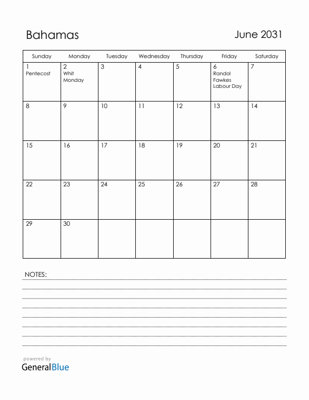 June 2031 Bahamas Calendar with Holidays (Sunday Start)