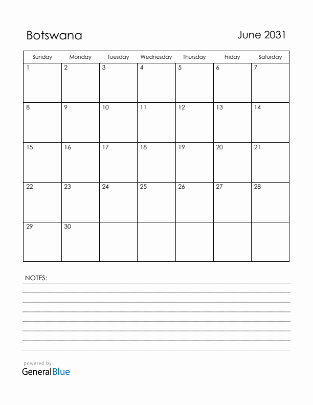 June 2031 Botswana Calendar with Holidays (Sunday Start)