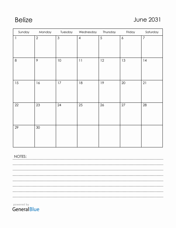 June 2031 Belize Calendar with Holidays (Sunday Start)