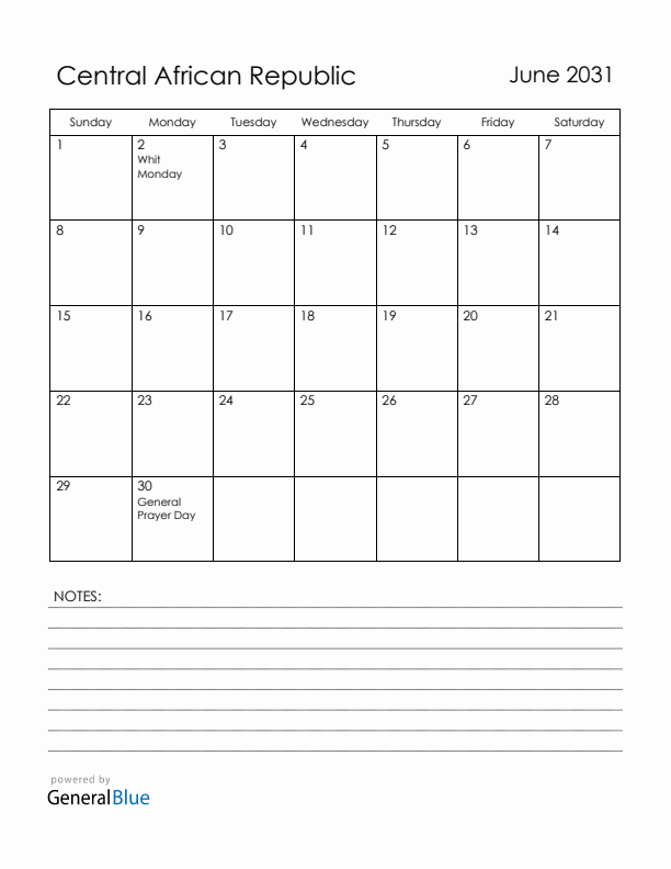 June 2031 Central African Republic Calendar with Holidays (Sunday Start)