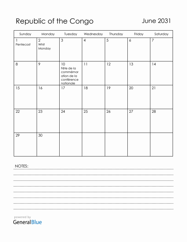 June 2031 Republic of the Congo Calendar with Holidays (Sunday Start)