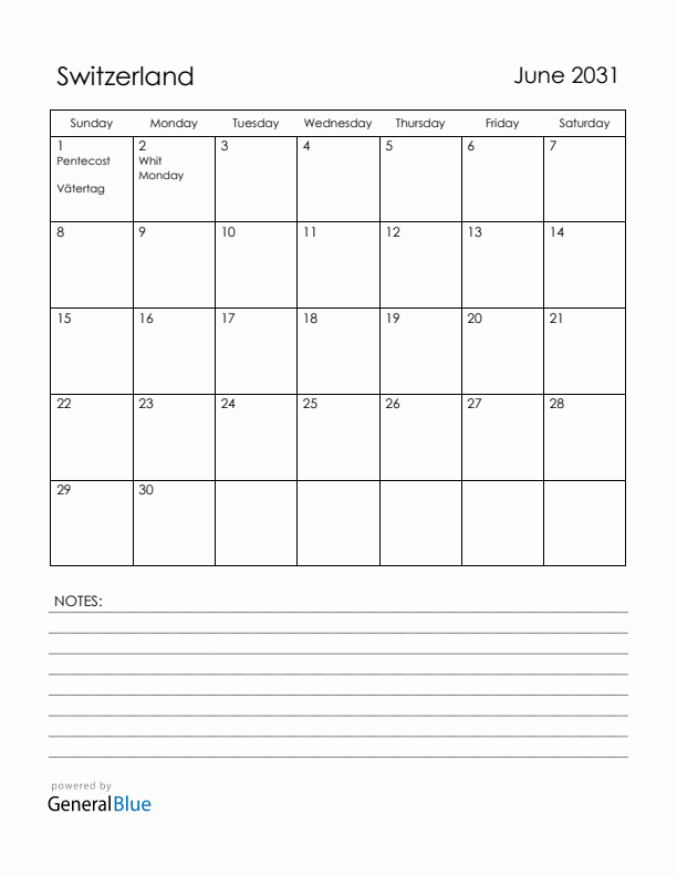 June 2031 Switzerland Calendar with Holidays (Sunday Start)