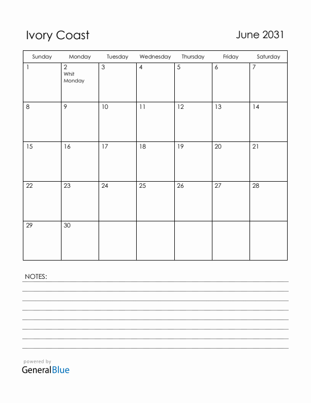 June 2031 Ivory Coast Calendar with Holidays (Sunday Start)