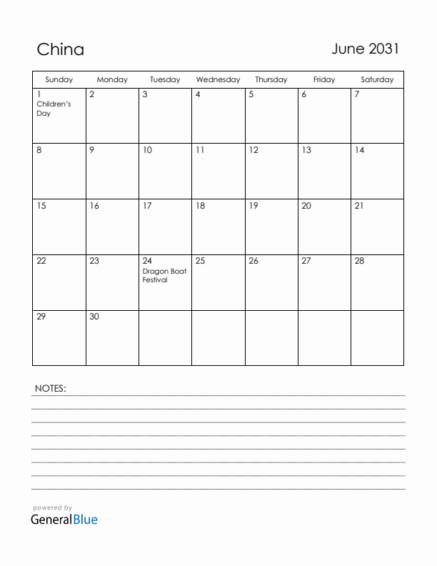 June 2031 China Calendar with Holidays (Sunday Start)