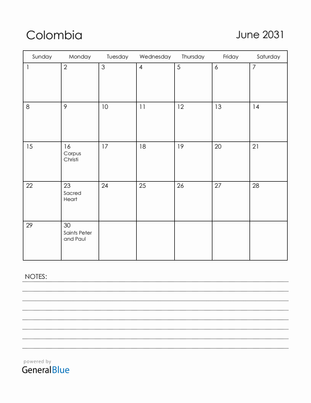 June 2031 Colombia Calendar with Holidays (Sunday Start)