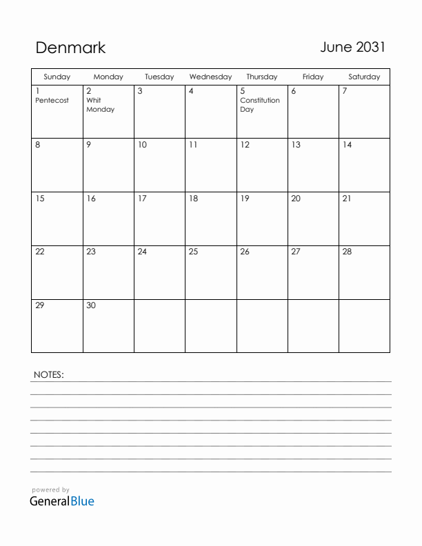 June 2031 Denmark Calendar with Holidays (Sunday Start)