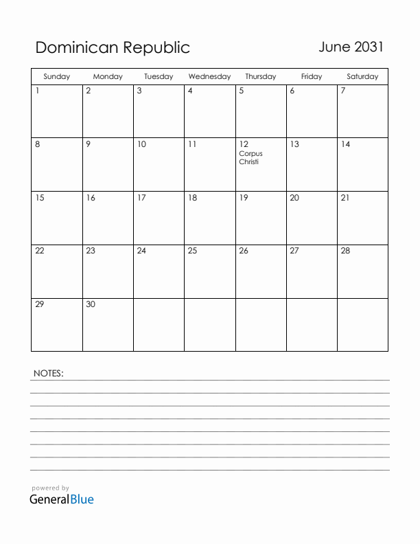 June 2031 Dominican Republic Calendar with Holidays (Sunday Start)