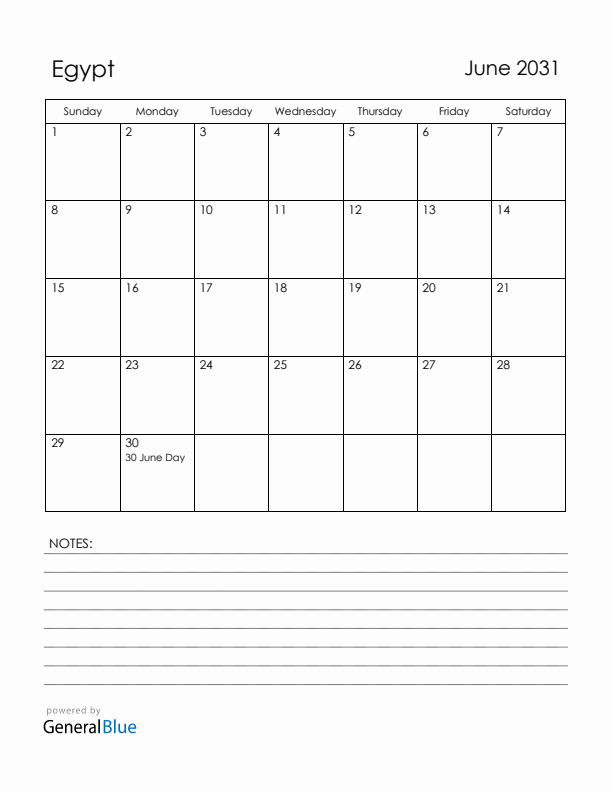 June 2031 Egypt Calendar with Holidays (Sunday Start)